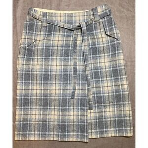 Talbots Plaid Wool Blend Belted Knee Length Skirt Women Size 4 Gray Beige